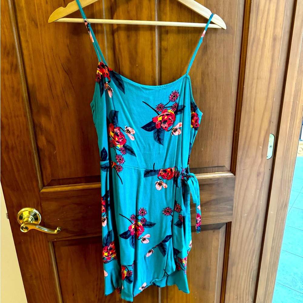 Teal floral Express Wrap mini Dress